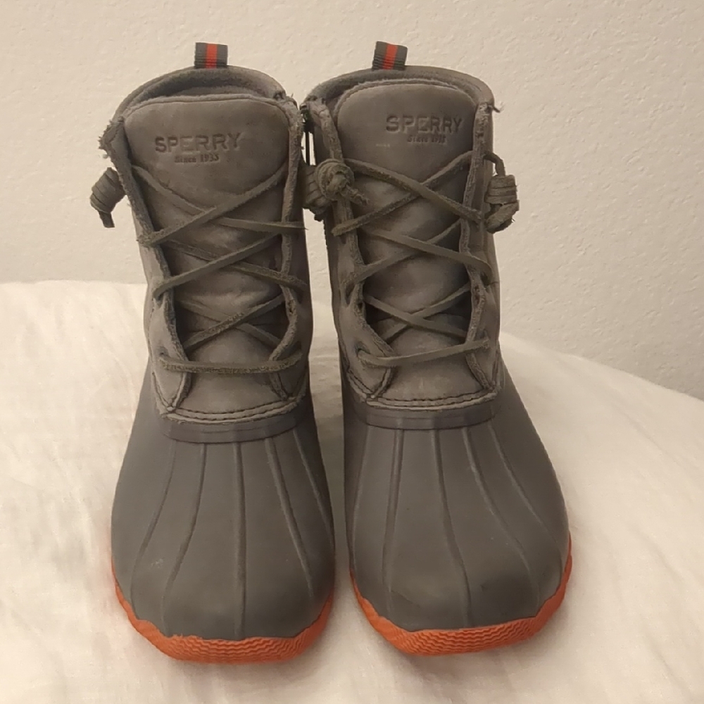 Sperry Gray and Orange Rain Boots